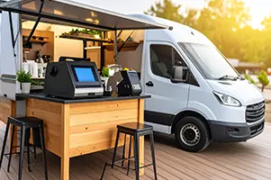 Vendeur de food truck utilisant un terminal POS portable et une imprimante