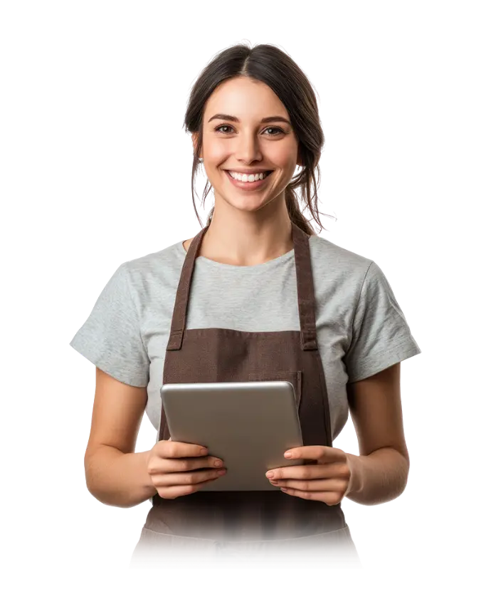 Serveuse utilisant une tablette dans un restaurant moderne pour gérer les commandes