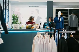 Fashion retail store with clothing displays and Odoo-compatible checkout