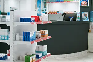 Pharmacy checkout area equipped with retail POS hardware