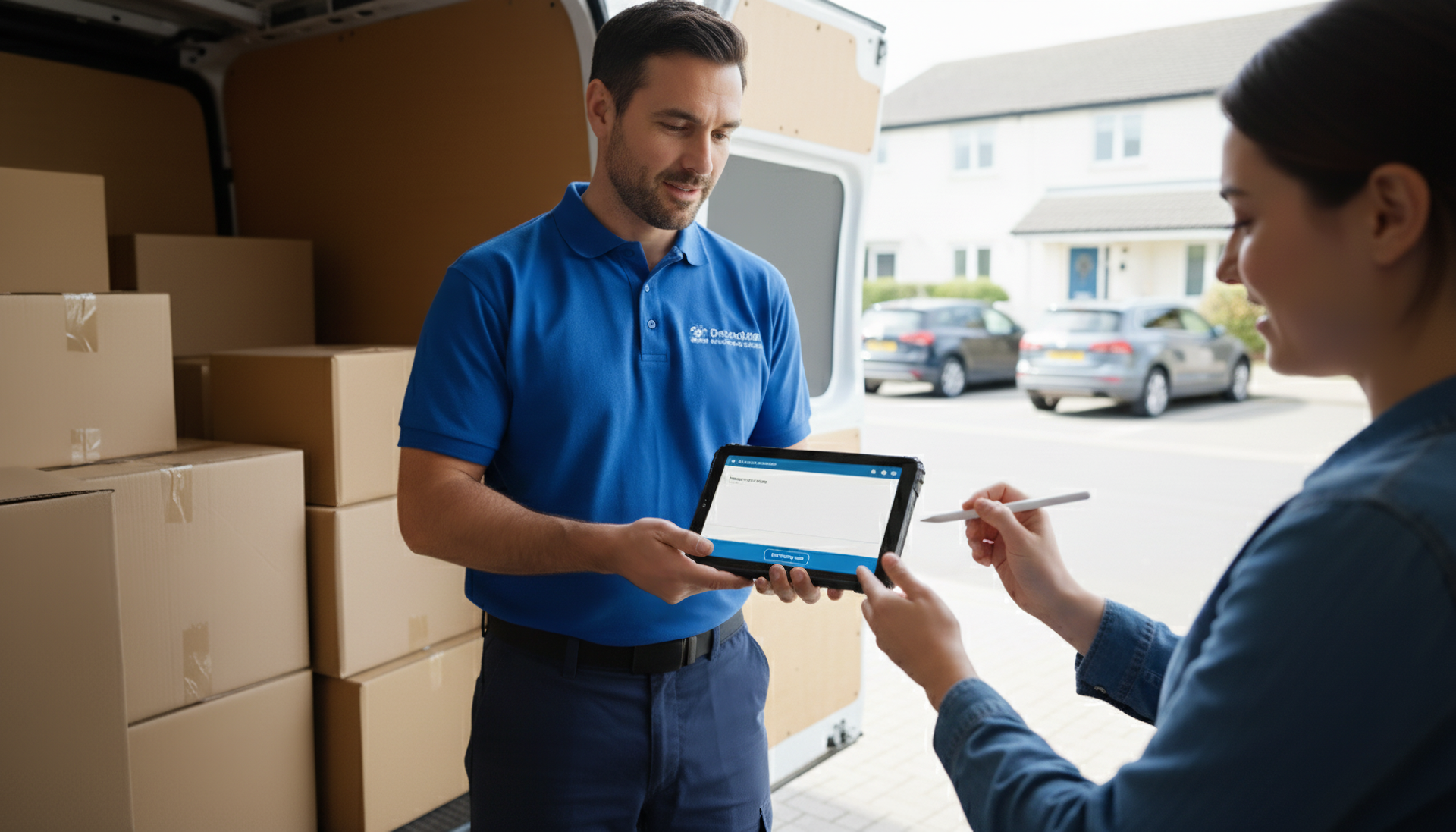Odoo-integrated logistics hardware in real-world delivery operation Delivery technician using rugged tablet to confirm package handoff at customer's location