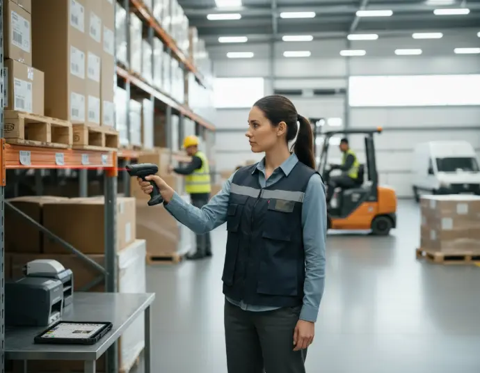 Warehouse operator scanning shelves with rugged terminal for inventory management