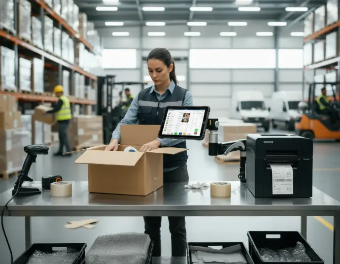 Warehouse employee scanning products and printing labels at packing station