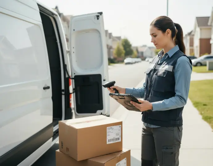 Delivery staff using rugged tablet to scan and confirm parcel delivery
