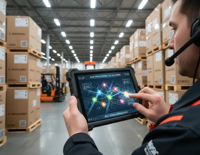 Technician using rugged tablet with digital logistics dashboard across multiple warehouses