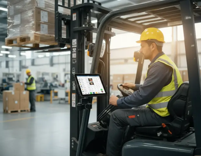 Forklift operator using mounted terminal in a production environment